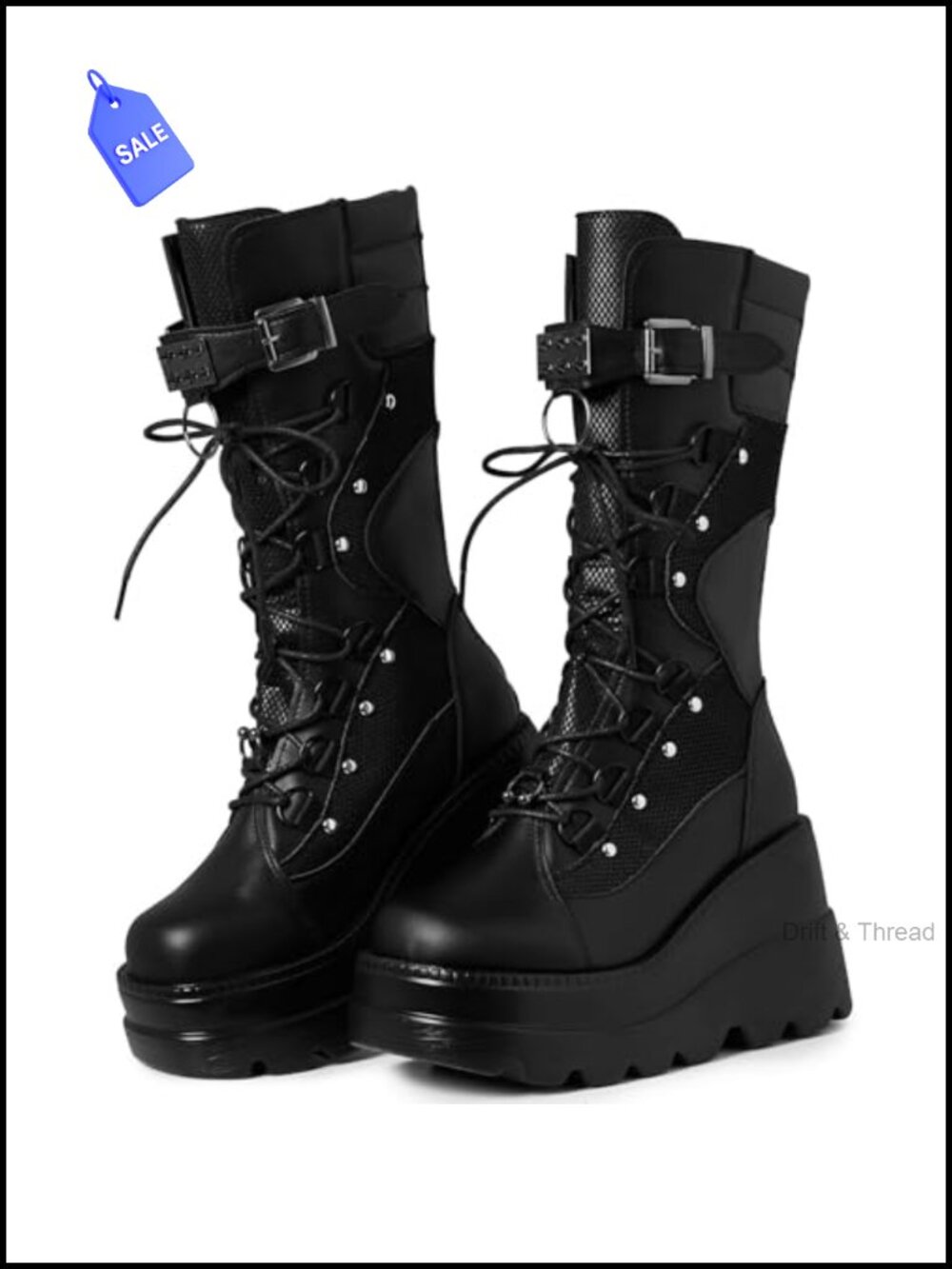 PU Leather Mid Calf Platform Boots with Chunky Wedge Heel